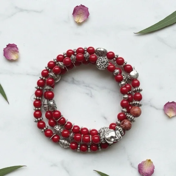 Bold Red Enamel, Fire Agate & Silver 3x Wrap Stretch Bracelet - Picture 1 of 1